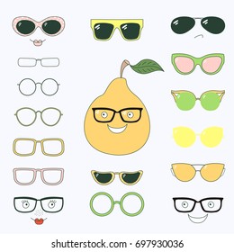 Hand drawn vector illustration of a cute funny pear with a set of different faces, glasses and sunglasses. Isolated objects. Design concept for children. Do it yourself.