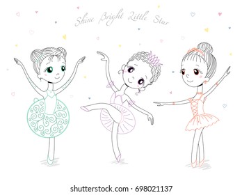 Hand drawn vector illustration of cute little ballerina girls in different poses and colours, text Shine bright little star. Isolated objects on white background. Design concept for children, dancing.