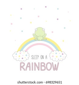 Hand drawn vector illustration of a cute frog sleeping on a rainbow, with clouds and stars, text Sleep on a rainbow. Isolated objects on white background. Design concept for children.