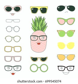 Hand drawn vector illustration of a cute funny pineapple with a set of different faces, glasses and sunglasses. Isolated objects. Design concept for children. Do it yourself.