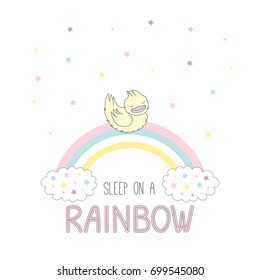 Ilustración vectorial dibujada a mano de un pato lindo durmiendo en un arco iris, con nubes y estrellas, texto Dormir en un arco iris. Objetos aislados sobre fondo blanco. Concepto de diseño para niños.