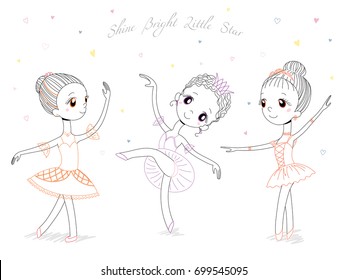 Hand drawn vector illustration of cute little ballerina girls in different poses and colours, text Shine bright little star. Isolated objects on white background. Design concept for children, dancing.