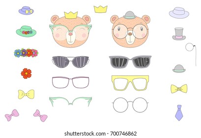 Hand drawn vector illustration of a cute funny bear heads with a set of different glasses, sunglasses, trendy hats and accessories. Isolated objects. Design concept for children. Do it yourself.