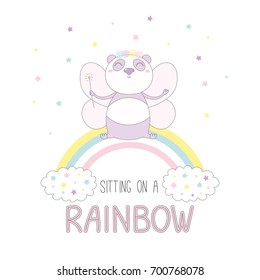 Hand drawn vector illustration of a cute funny fairy panda in a flower chain, with magic wand and wings, sitting on a rainbow, with text. Isolated objects on white background. Design concept for kids.