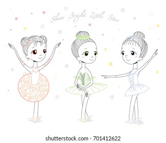 Hand drawn vector illustration of cute little ballerina girls in different poses and colours, text Shine bright little star. Isolated objects on white background. Design concept for children, dancing.