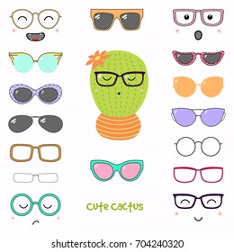 Hand drawn vector illustration of a cute funny cactus with a set of different faces, glasses and sunglasses. Isolated objects. Design concept for children. Do it yourself.