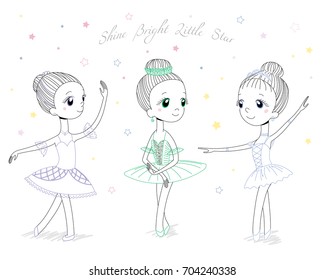 Hand drawn vector illustration of cute little ballerina girls in different poses and colours, text Shine bright little star. Isolated objects on white background. Design concept for children, dancing.