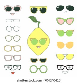 Hand drawn vector illustration of a cute funny lemon with a set of different faces, glasses and sunglasses. Isolated objects. Design concept for children. Do it yourself.