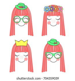 Hand drawn vector illustration of a cute and funny girl faces with long hair, flower chain, crown, hats and glasses. Unfilled outline. Isolated objects on white background. Design concept for kids.