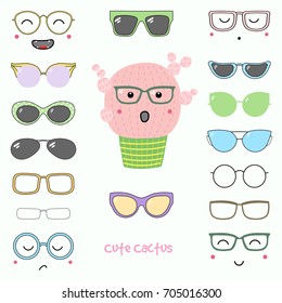 Hand drawn vector illustration of a cute funny cactus with a set of different faces, glasses and sunglasses. Isolated objects. Design concept for children. Do it yourself.