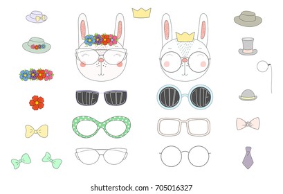 Hand drawn vector illustration of a cute funny rabbit heads with a set of different glasses, sunglasses, trendy hats and accessories. Isolated objects. Design concept for children. Do it yourself.
