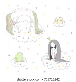 Hand drawn vector illustration of a cute funny unicorn, duck, frog and princess with long hair floating on clouds among stars, sleeping. Isolated objects on white background. Design concept for kids.