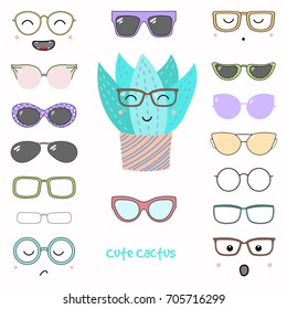 Hand drawn vector illustration of a cute funny cactus with a set of different faces, glasses and sunglasses. Isolated objects. Design concept for children. Do it yourself.