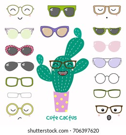 Hand drawn vector illustration of a cute funny cactus with a set of different faces, glasses and sunglasses. Isolated objects. Design concept for children. Do it yourself.