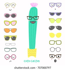 Hand drawn vector illustration of a cute funny cactus with a set of different faces, glasses and sunglasses. Isolated objects. Design concept for children. Do it yourself.