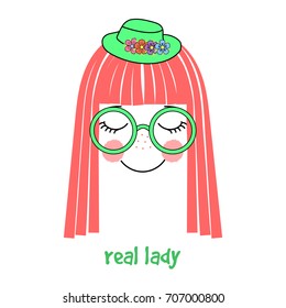 Hand drawn vector illustration of a cute and funny girl face with long hair, hat and glasses, text Real lady. Unfilled outline. Isolated objects on white background. Design concept for children.