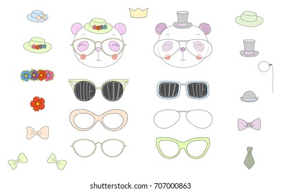Hand drawn vector illustration of a cute funny panda heads with a set of different glasses, sunglasses, trendy hats and accessories. Isolated objects. Design concept for children. Do it yourself.