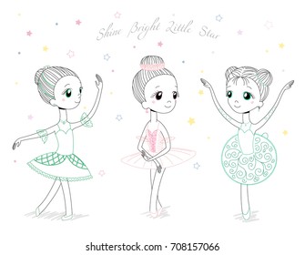 Hand drawn vector illustration of cute little ballerina girls in different poses and colours, text Shine bright little star. Isolated objects on white background. Design concept for children, dancing.