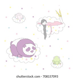 Hand drawn vector illustration of a cute funny bunny, panda, frog and girl with long braided hair floating on clouds among stars, sleeping. Isolated objects on white background. Design concept kids.
