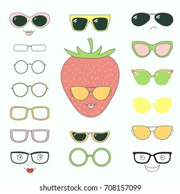 Hand drawn vector illustration of a cute funny strawberry with a set of different faces, glasses and sunglasses. Isolated objects. Design concept for children. Do it yourself.