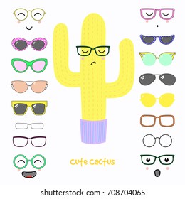 Hand drawn vector illustration of a cute funny cactus with a set of different faces, glasses and sunglasses. Isolated objects. Design concept for children. Do it yourself.
