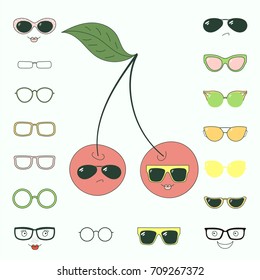Hand drawn vector illustration of a cute funny cherries with a set of different faces, glasses and sunglasses. Isolated objects. Design concept for children. Do it yourself.