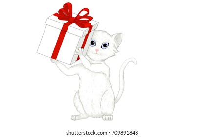 Hand drawn vector illustration of a cute white and gray sitting cat holding a big gift box with red ribbon in its paws