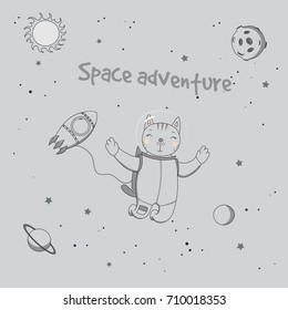 Hand drawn vector illustration of a cute funny cat astronaut on a spacewalk in outer space, with text Space adventure. Isolated objects. Unfilled outline. Design concept for children.
