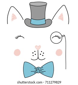 Hand drawn vector illustration of a cute funny cat face in a top hat, monocle and bow tie. Isolated objects on white background. Design concept for children.
