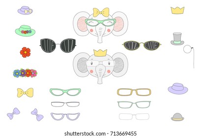 Hand drawn vector illustration of a cute funny elephant heads with a set of different glasses, sunglasses, trendy hats and accessories. Isolated objects. Design concept for children. Do it yourself.