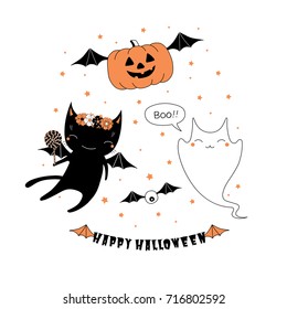 Hand drawn vector illustration of a cute funny flying pumpkin, black kitten in a flower chain with a lollipop, ghost, text Happy Halloween. Isolated objects on white background. Design concept kids.