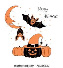 Hand drawn vector illustration of cute funny bats, pumpkins, jack o lantern in a witch hat, spider holding candy, text Happy Halloween. Isolated objects on white background. Design concept for kids.