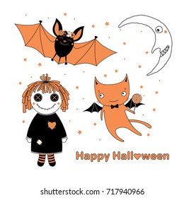 Hand drawn vector illustration of a cute funny flying cat with a lollipop, bat in a flower chain, rag doll, moon, text Happy Halloween. Isolated objects on white background. Design concept for kids.