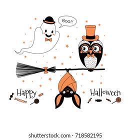 Hand drawn vector illustration of a cute funny owl on a broomstick, hanging bat, ghost in a bowler hat saying Boo, text Happy Halloween. Isolated objects on white background. Design concept children.