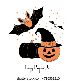 Hand drawn vector illustration of a cute funny bat, pumpkin, jack o lantern in a witch hat with a bow, text Happy Pumpkin Day. Isolated objects on white background. Design concept for kids, Halloween.