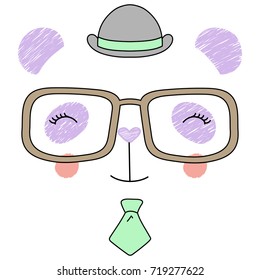 Hand drawn vector illustration of a cute funny panda face in a bowler hat, glasses and neck tie. Isolated objects on white background. Design concept for children.
