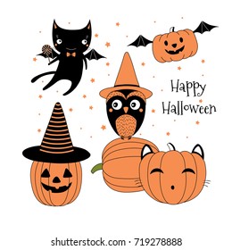 Hand drawn vector illustration of cute funny pumpkins, owl in a witch hat, flying black kitten with a lollipop, text Happy Halloween. Isolated objects on white background. Design concept for children.