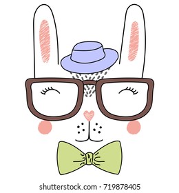 Hand drawn vector illustration of a cute funny rabbit face in a fedora hat, glasses and bow tie. Isolated objects on white background. Design concept for children.