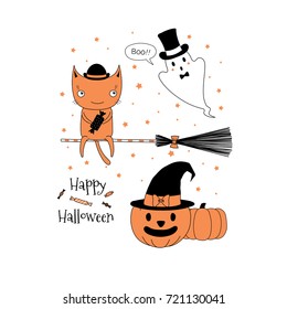 Hand drawn vector illustration of a cute funny cat with a candy on a broomstick, ghost, jack o lantern pumpkin, text Happy Halloween. Isolated objects on white background. Design concept for children.