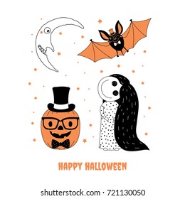 Hand drawn vector illustration of cute funny pumpkin in glasses and top hat, little creepy girl, bat, smiling moon, text Happy Halloween. Isolated objects on white background. Design concept for kids.