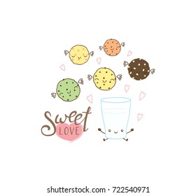 Hand drawn vector illustration of a cute glass of milk and cookies, with text Sweet love. Isolated objects on white background. Design concept dessert, kids, greeting card, motivational poster.