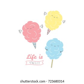 Hand drawn vector illustration of cute cotton candy, with text Life is sweet. Isolated objects on white background. Design concept dessert, kids, greeting card, motivational poster.