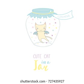 Hand drawn vector illustration of a cute funny cartoon cat in a glass jar with label Cuteness, with text. Isolated objects on white background. Design concept kids, greeting card, motivational poster.