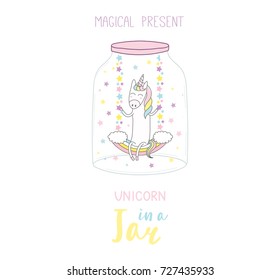 Hand drawn vector illustration of a cute funny cartoon unicorn in a glass jar, with text Magical present. Isolated objects on white background. Design concept kids, greeting card, motivational poster.