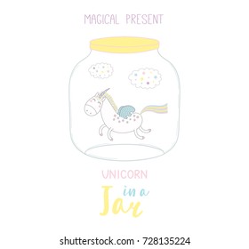 Hand drawn vector illustration of a cute funny cartoon unicorn in a glass jar, with text Magical present. Isolated objects on white background. Design concept kids, greeting card, motivational poster.