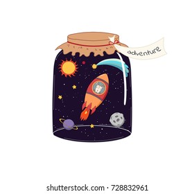 Hand drawn vector illustration of a cute funny deer flying in a rocket in outer space, in a glass jar with label Adventure. Isolated objects on white background. Design concept for kids, card, poster.