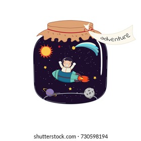Hand drawn vector illustration of a cute funny bear flying in a rocket in outer space, in a glass jar with label Adventure. Isolated objects on white background. Design concept for kids, card, poster.