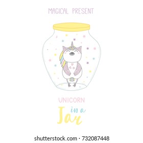 Hand drawn vector illustration of a cute funny cartoon unicorn in a glass jar, with text Magical present. Isolated objects on white background. Design concept kids, greeting card, motivational poster.