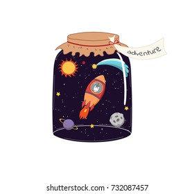 Hand drawn vector illustration of a cute funny unicorn flying in a rocket in outer space, in a glass jar with label Adventure. Isolated objects on white background. Design concept kids, card, poster.