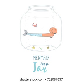 Hand drawn vector illustration of a cute funny cartoon mermaid dog in a glass jar, with text. Isolated objects on white background. Design concept for kids, greeting card, motivational poster.